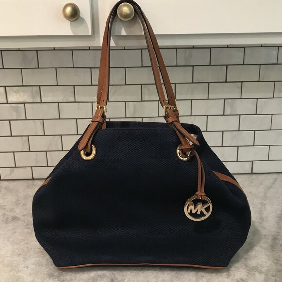 Michael Kors Tote Bag Womens Large Blue Canvas Leather Shoulder Purse MK Charm - Picture 1 of 14